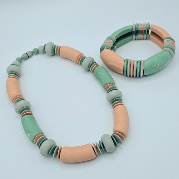 Avon Necklace Bracelet Vintage Marbled Peach Mint Geometric Chunky Beach - Picture 4 of 7